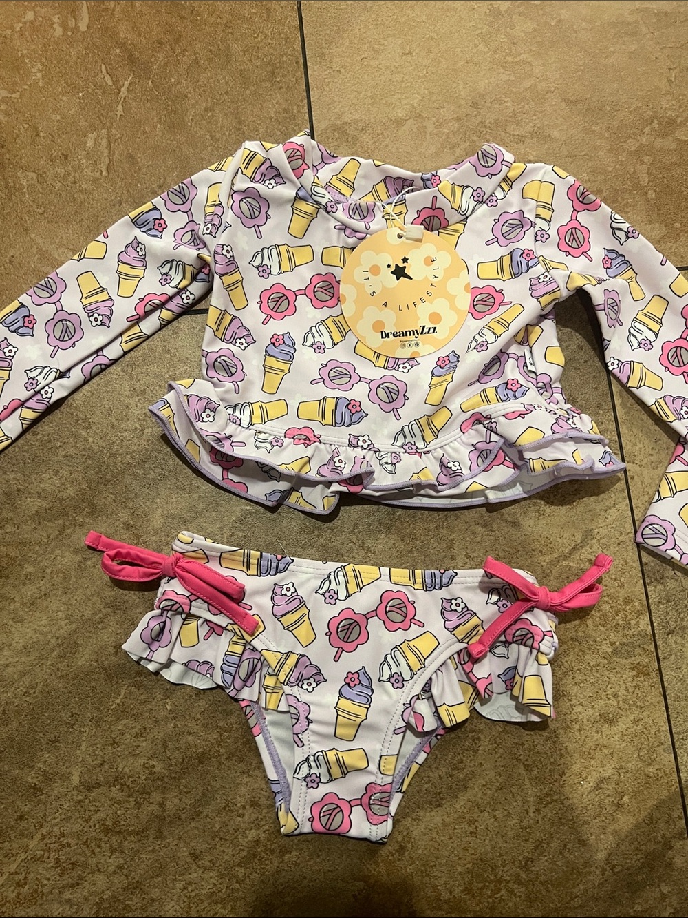 Girls' Pink & Yellow Ice Cream Print Rash Guard Bikini Set-NWT